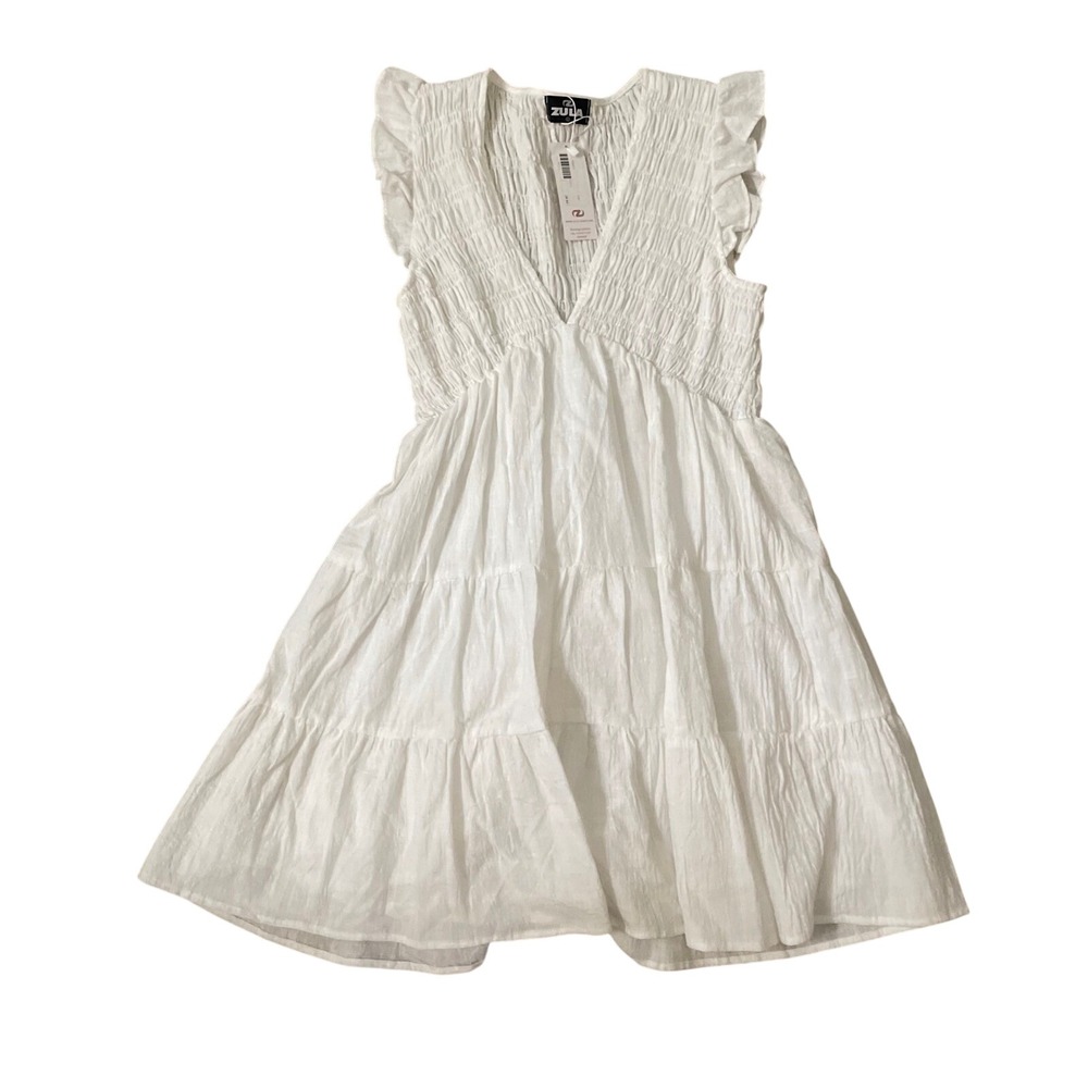 Zula Trinity Dress Ivory White Smocked Tiered Ruffle Mini Dress Large NWT‎